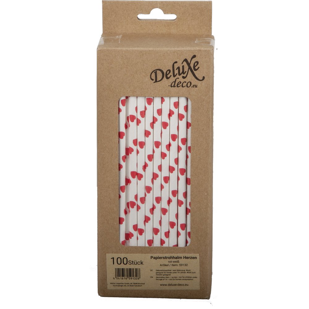 Papierstrohhalme Herzen weiß/rot, 100 Stück, Ø 6 mm