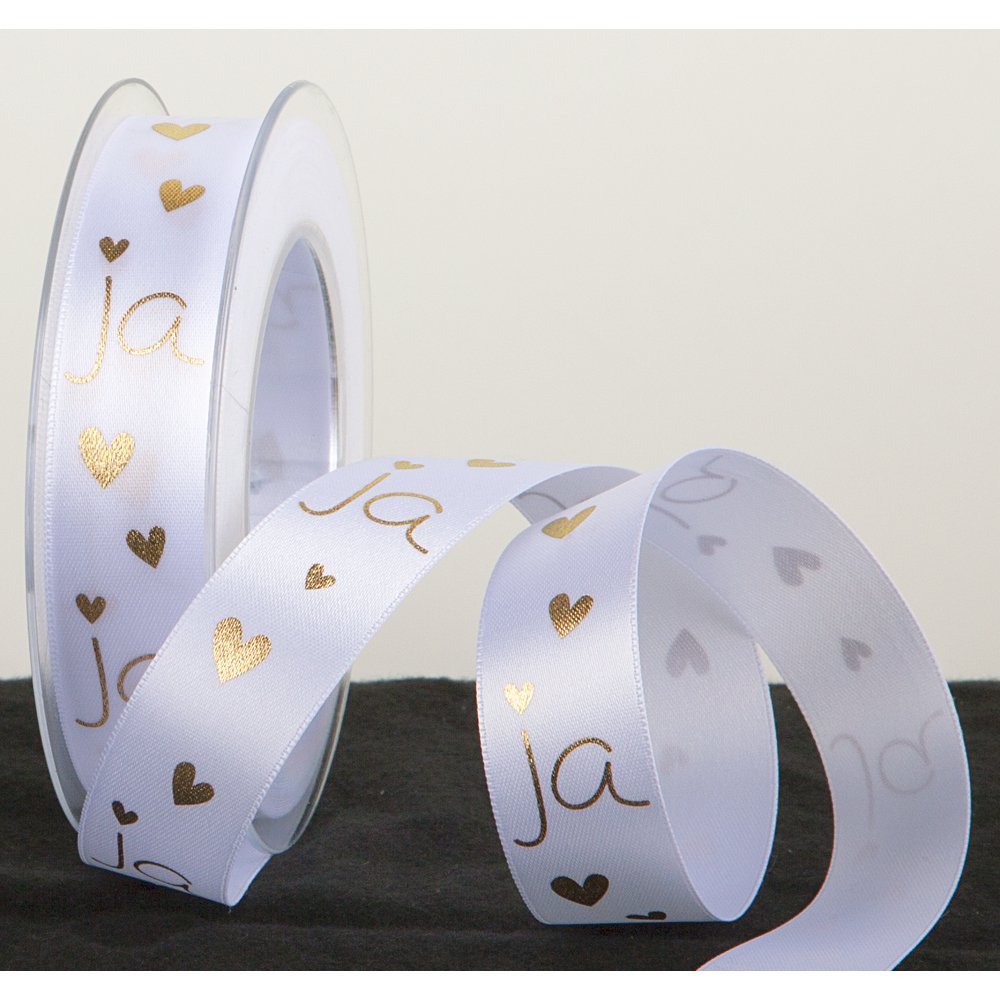Band Ja + Herzchen weiß/gold, 25 mm x 20 m