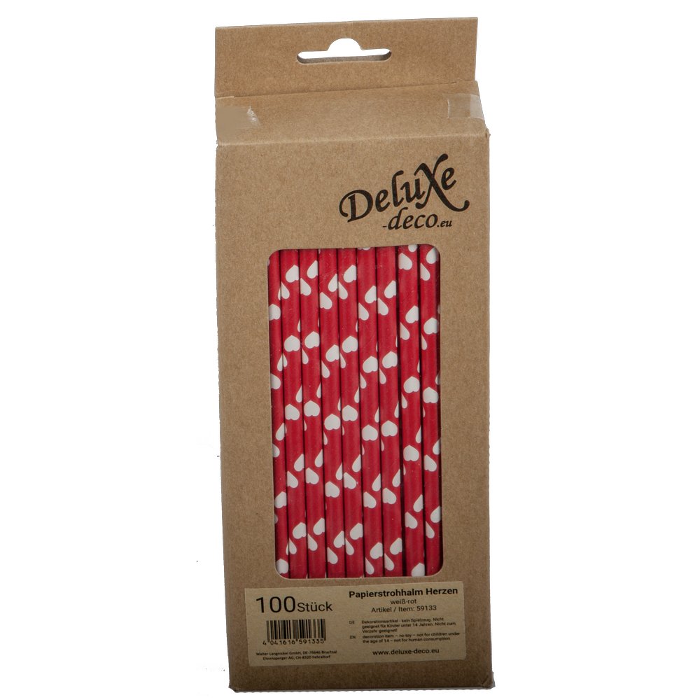 Papierstrohhalme Herzen rot/weiß, 100 Stück, Ø 6 mm