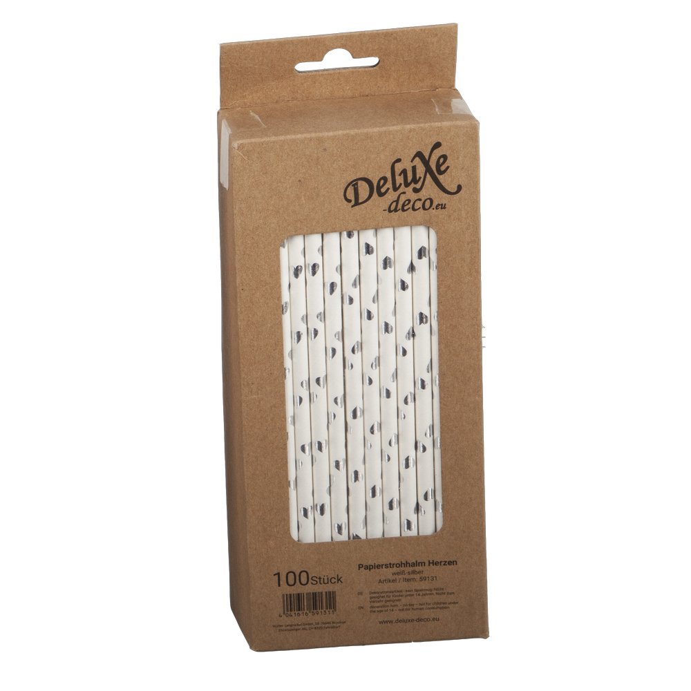 Papierstrohhalme Herzen weiß/silber, 100 Stück, Ø 6 mm