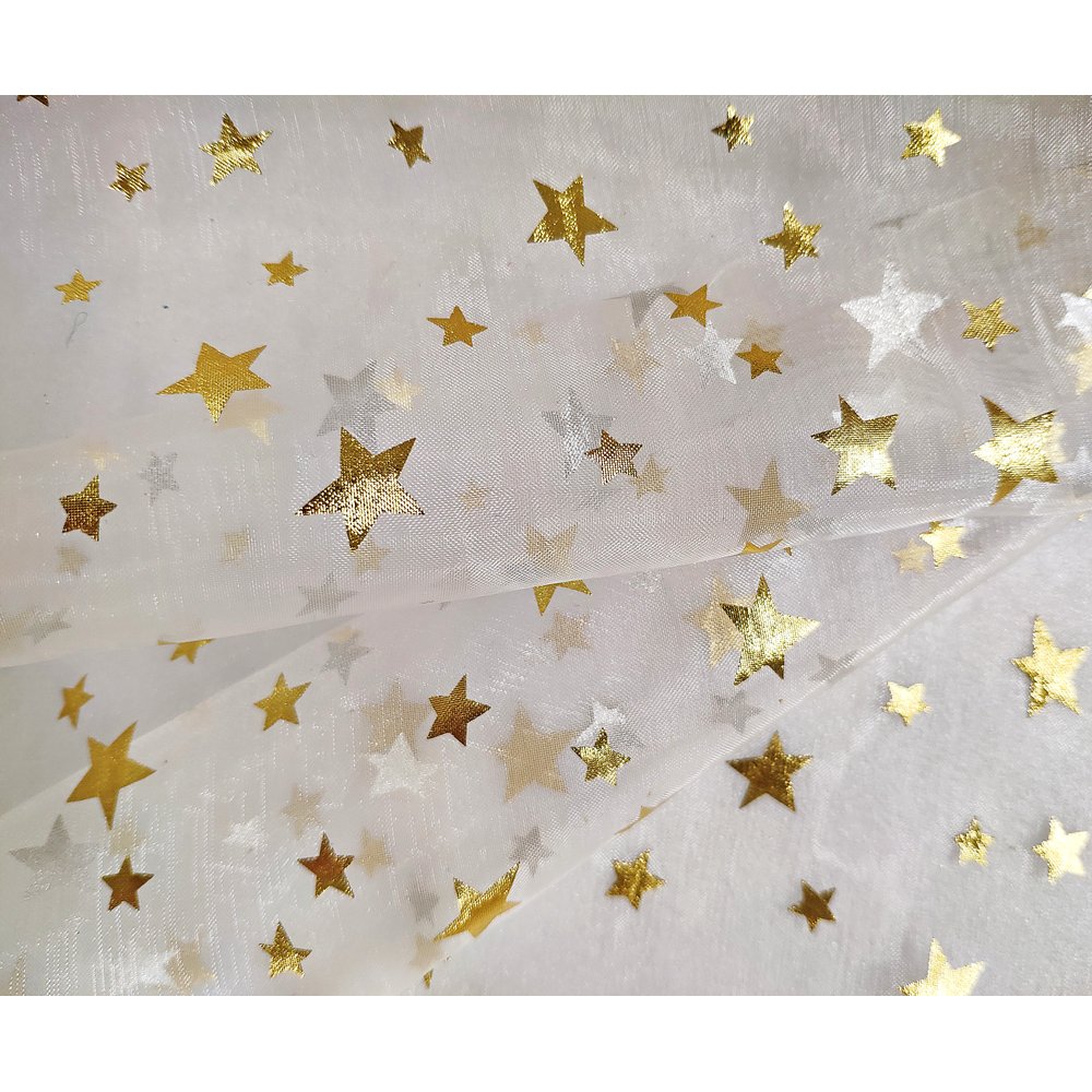 Stoff Organza Sterne weiß-gold, 145 cm breit