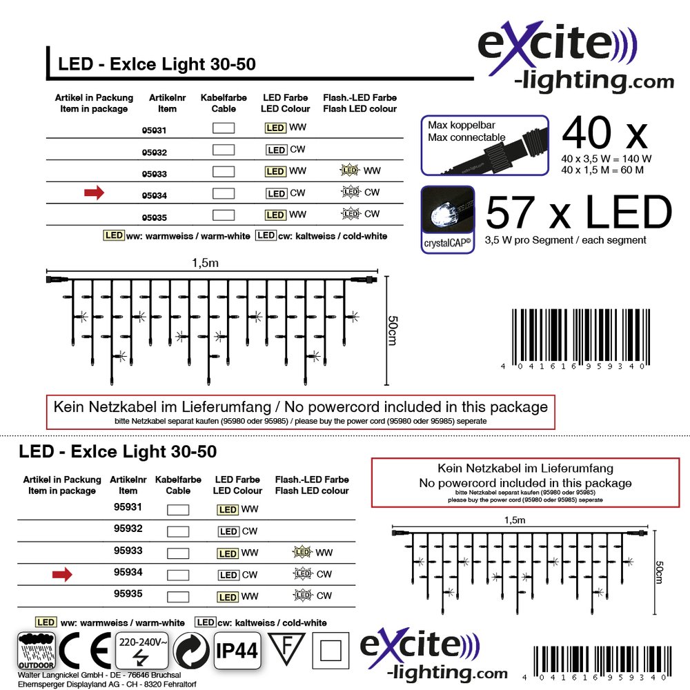 LED ExIce Light flash 30-50 weiss, kw/kw,L 1,50 m, 57 LED