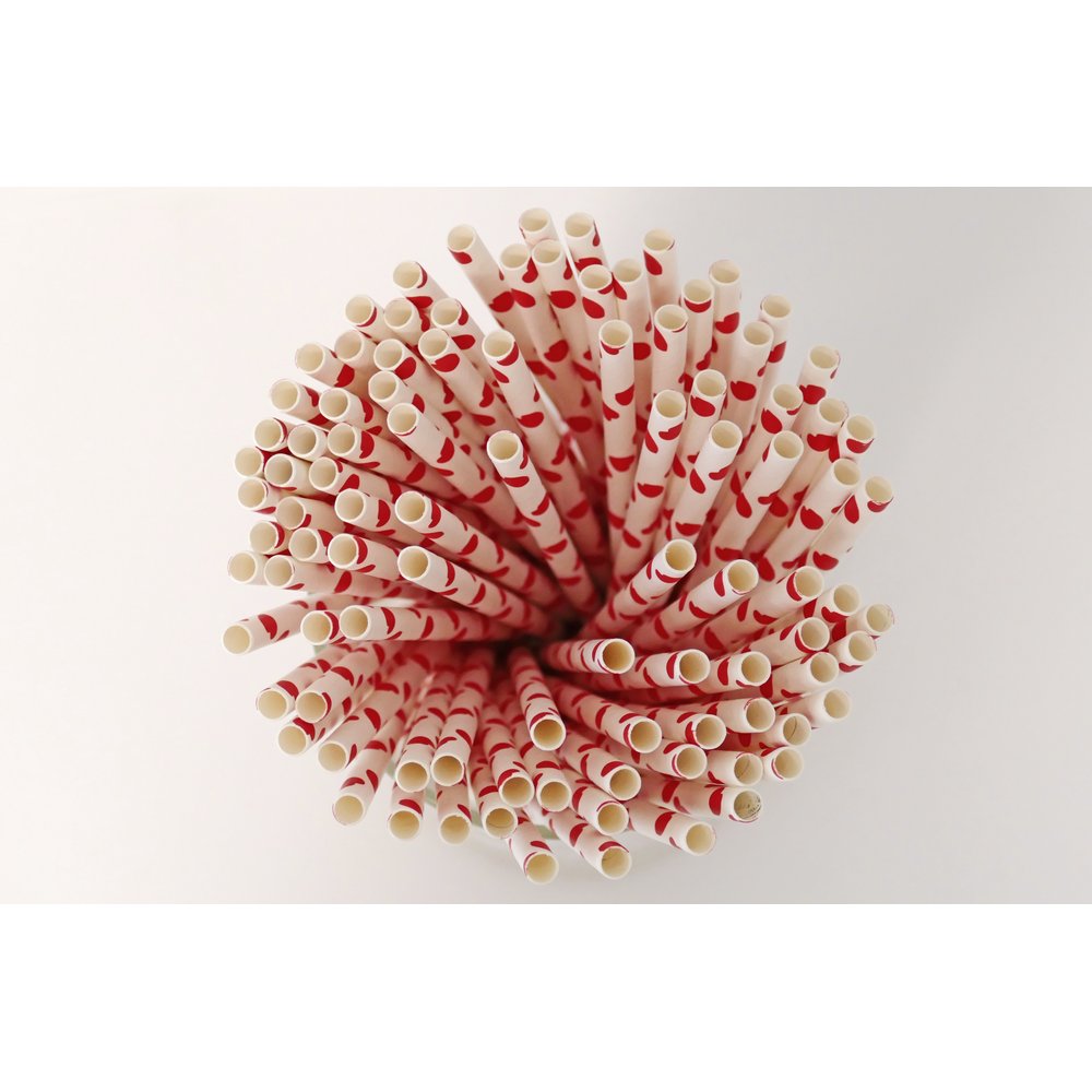 Papierstrohhalme Herzen weiß/rot, 100 Stück, Ø 6 mm