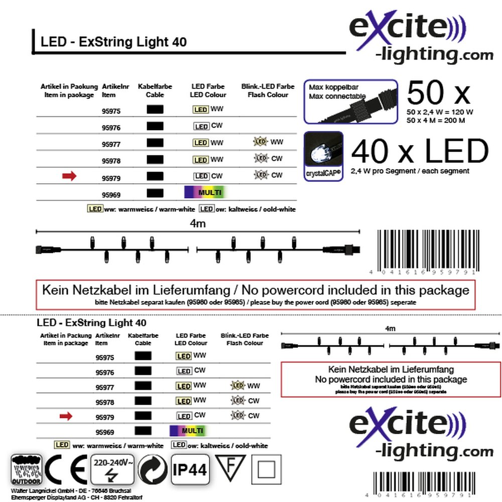 LED-ExString Twinkle Light 40  schwarz, 40 LED kw-kw,L 4m