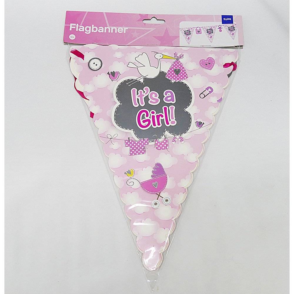 Wimpelkette Geburt Baby It`s a Girl rosa, 6 m, 8 Wimpel je 27 cm
