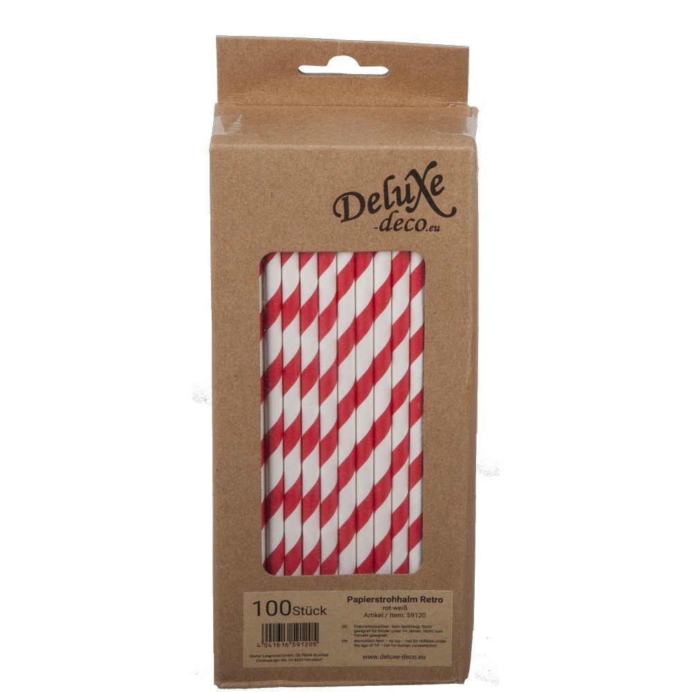 Papierstrohhalme Retro rot/weiß, 100 Stück, Ø 6 mm