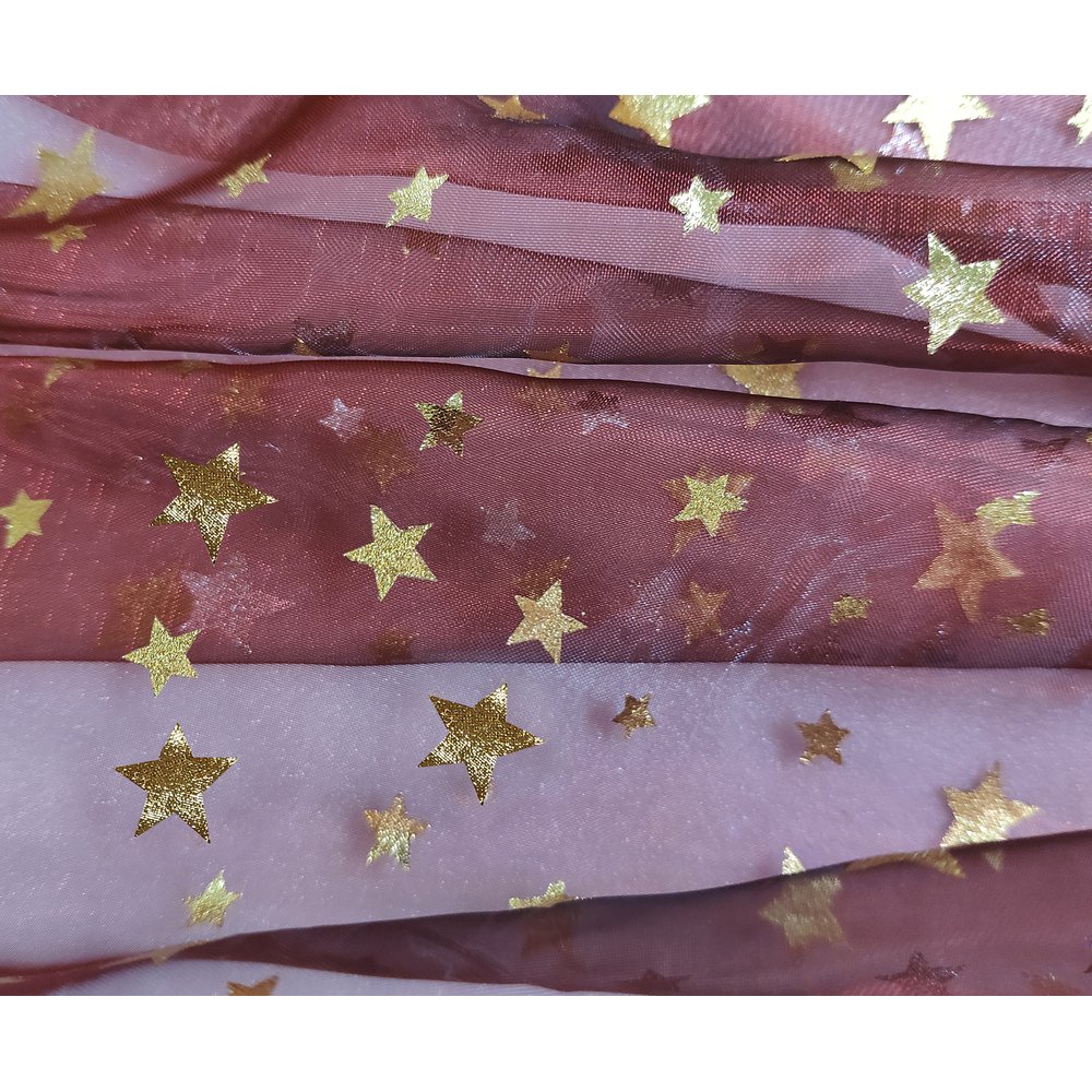 Stoff Organza Sterne rot-gold, 145 cm breit
