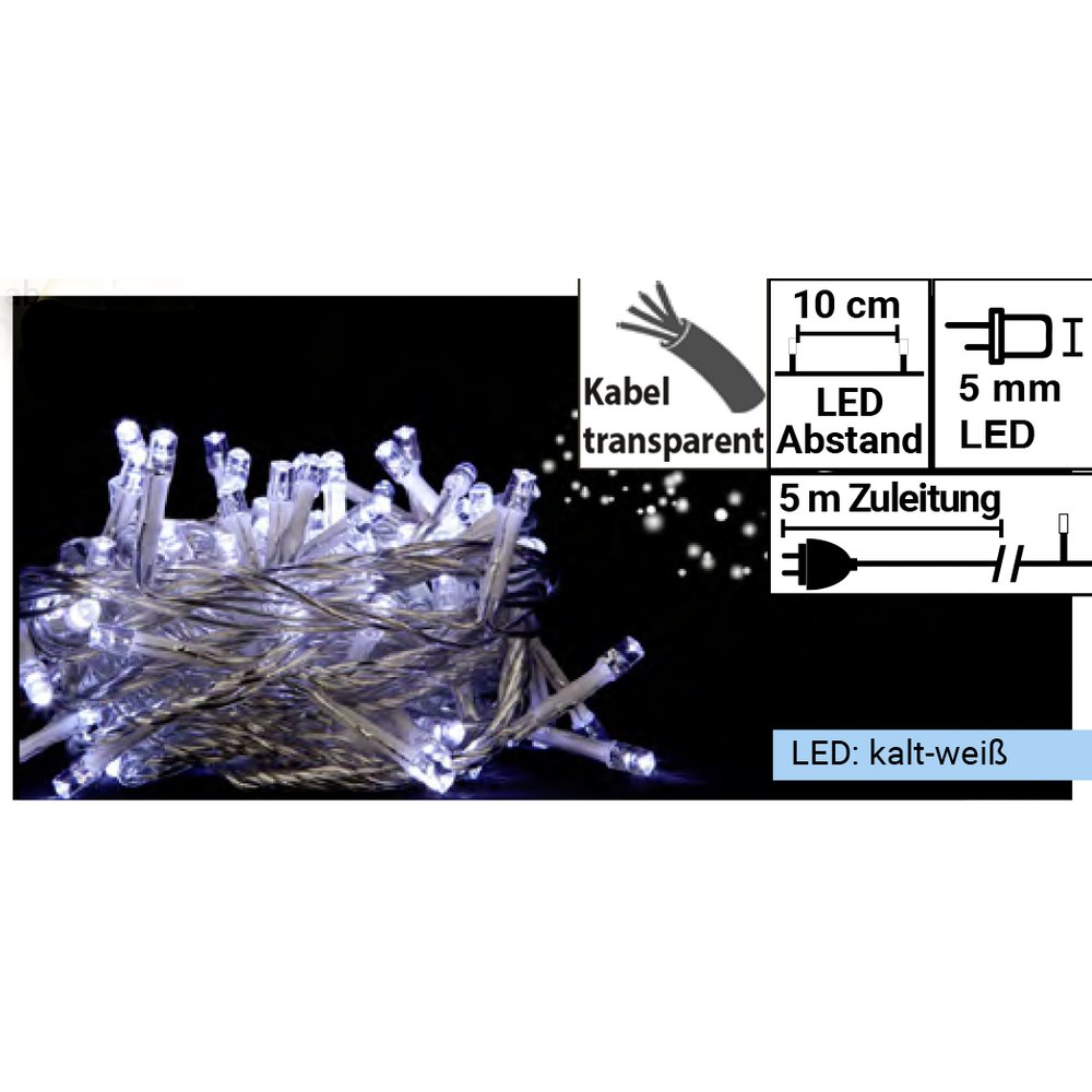 Lichterkette 50 LEDs + Trafo kalt-weiß, Kabel transparent