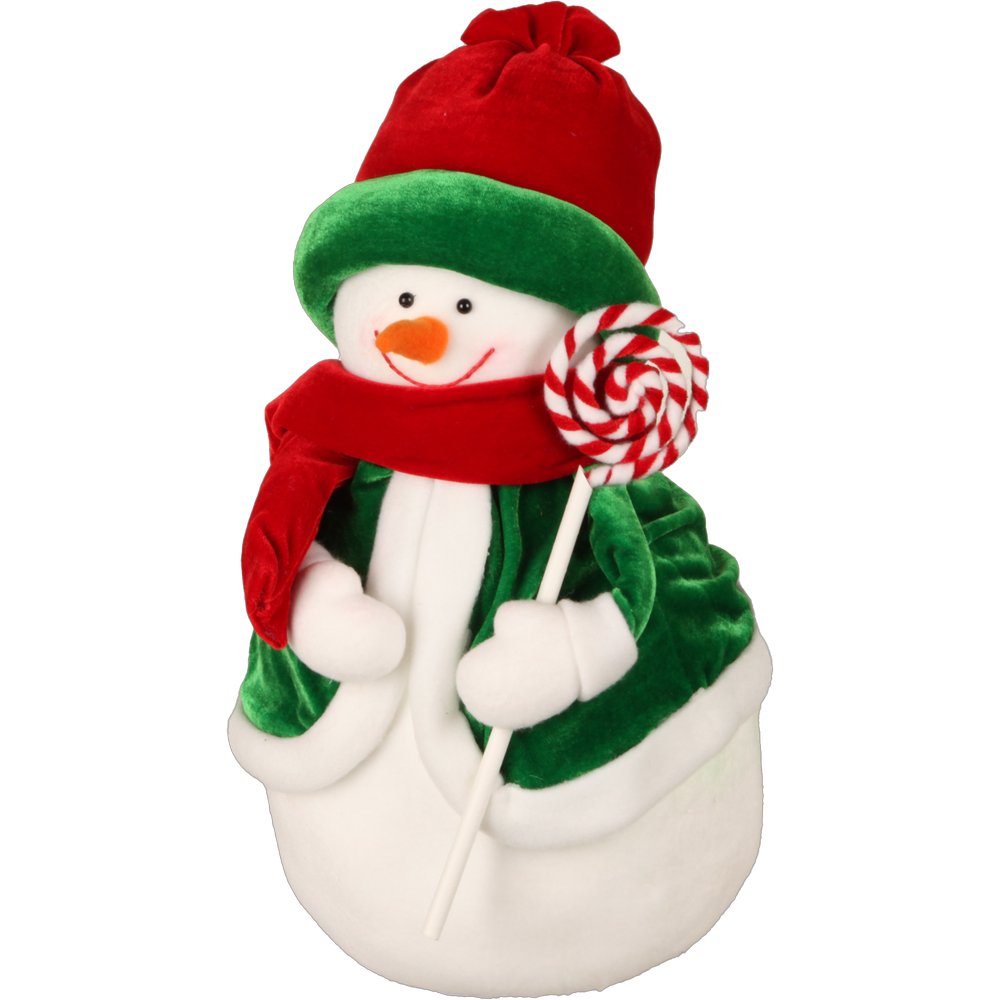 Schneemann Candy mit Mütze rot/weiß/grün,23x23xH44 cm