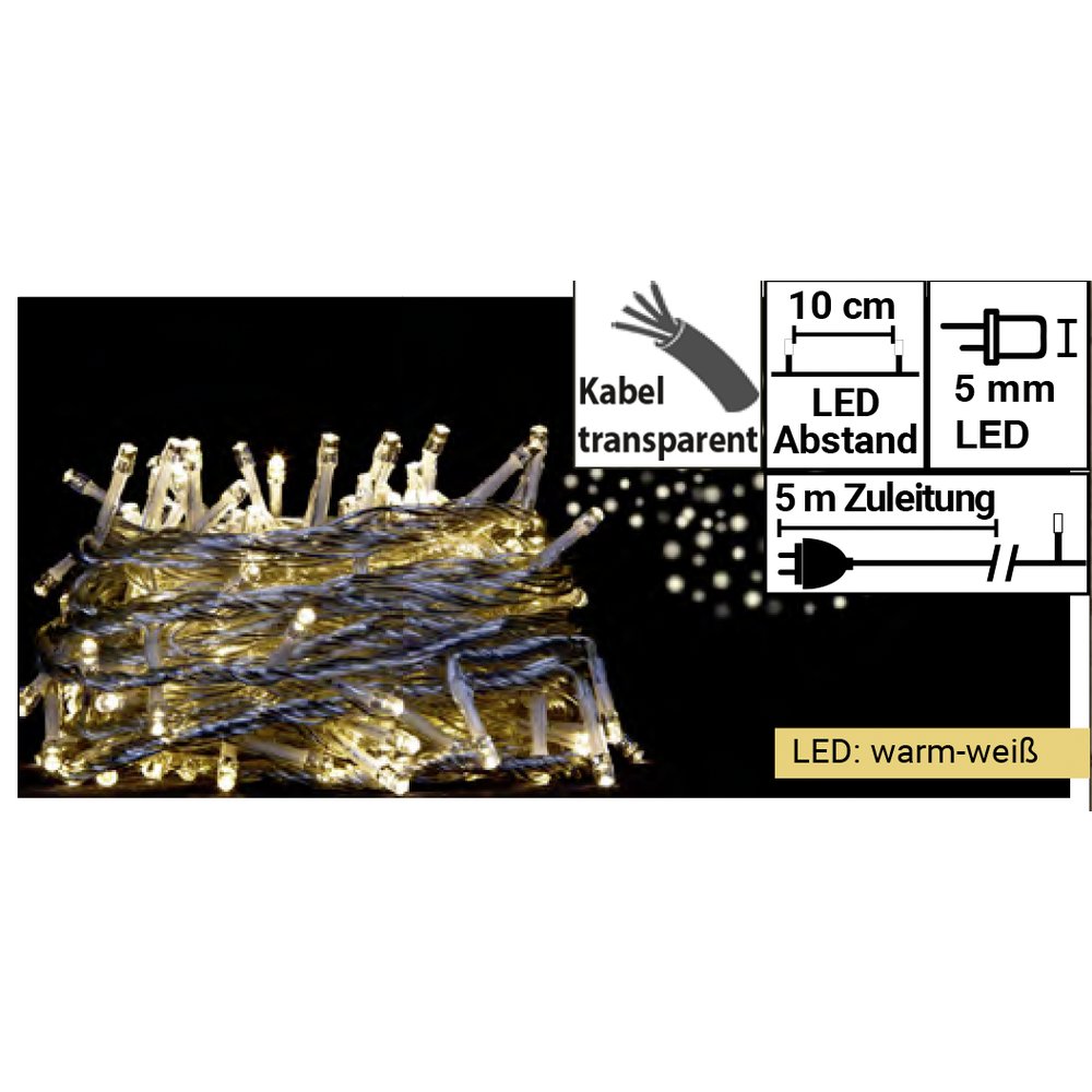 Lichterkette 100 LEDs + Trafo warm-weiß, Kabel transparent