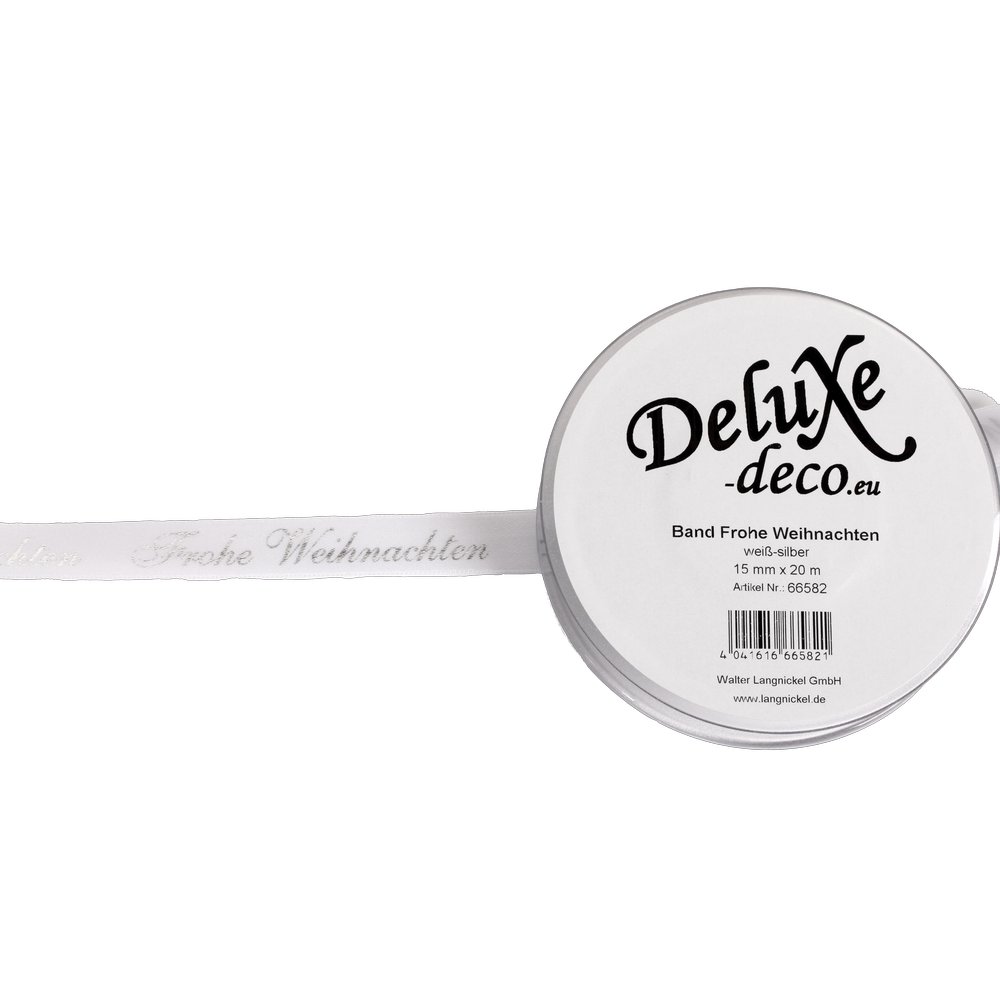 Band Frohe Weihnachten Schriftzug weiß-silber, 15 mm x 20 m