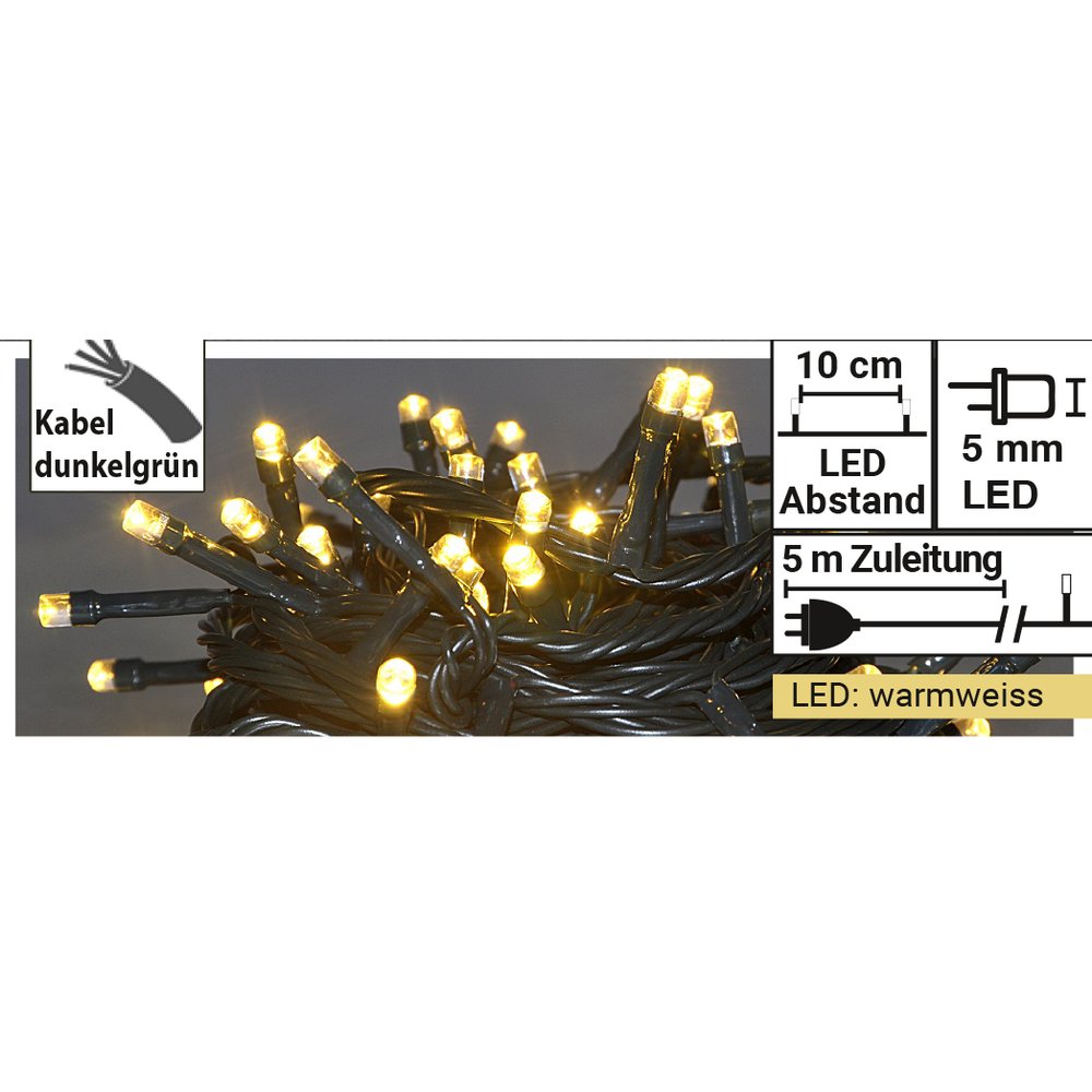 Lichterkette 50 LEDs + Trafo warm-weiß, Kabel grün