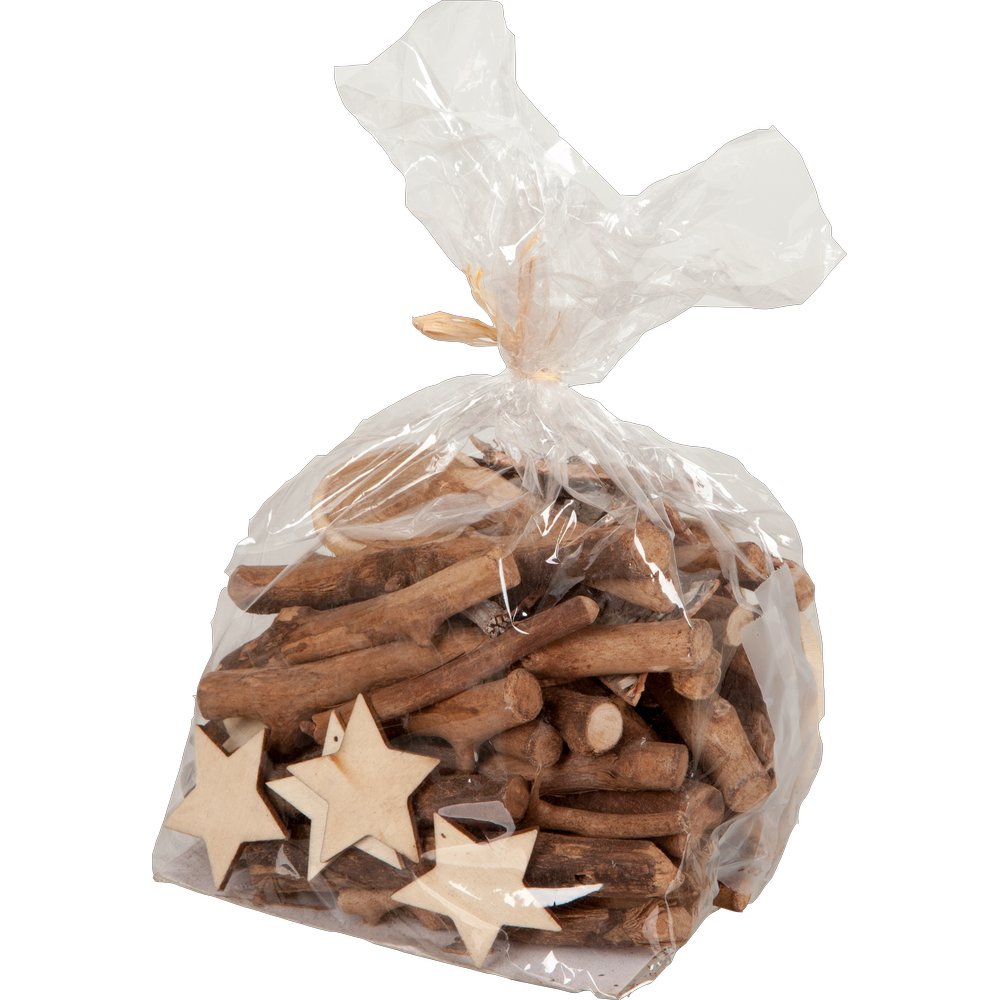 Holzbaumscheiben Streumix mit Sternen und Ästen, 250 g, 4-5cm, Äste 8-13 cm