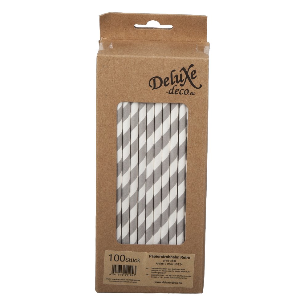 Papierstrohhalme Retro grau/weiß, 100 Stück, Ø 6 mm