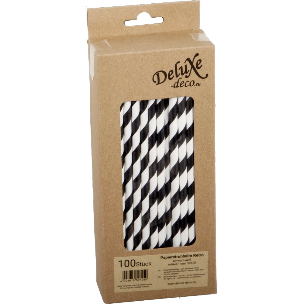 Papierstrohhalme Retro schwarz/weiß, 100 Stück, Ø 6 mm