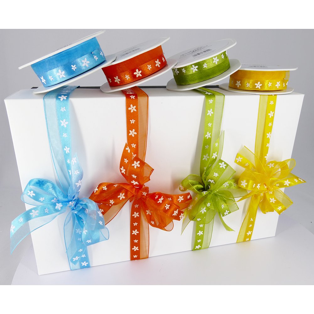 Band Spring Line Flowers gelb-weiß mit Blütenmotiven, 25 mm x 15 m