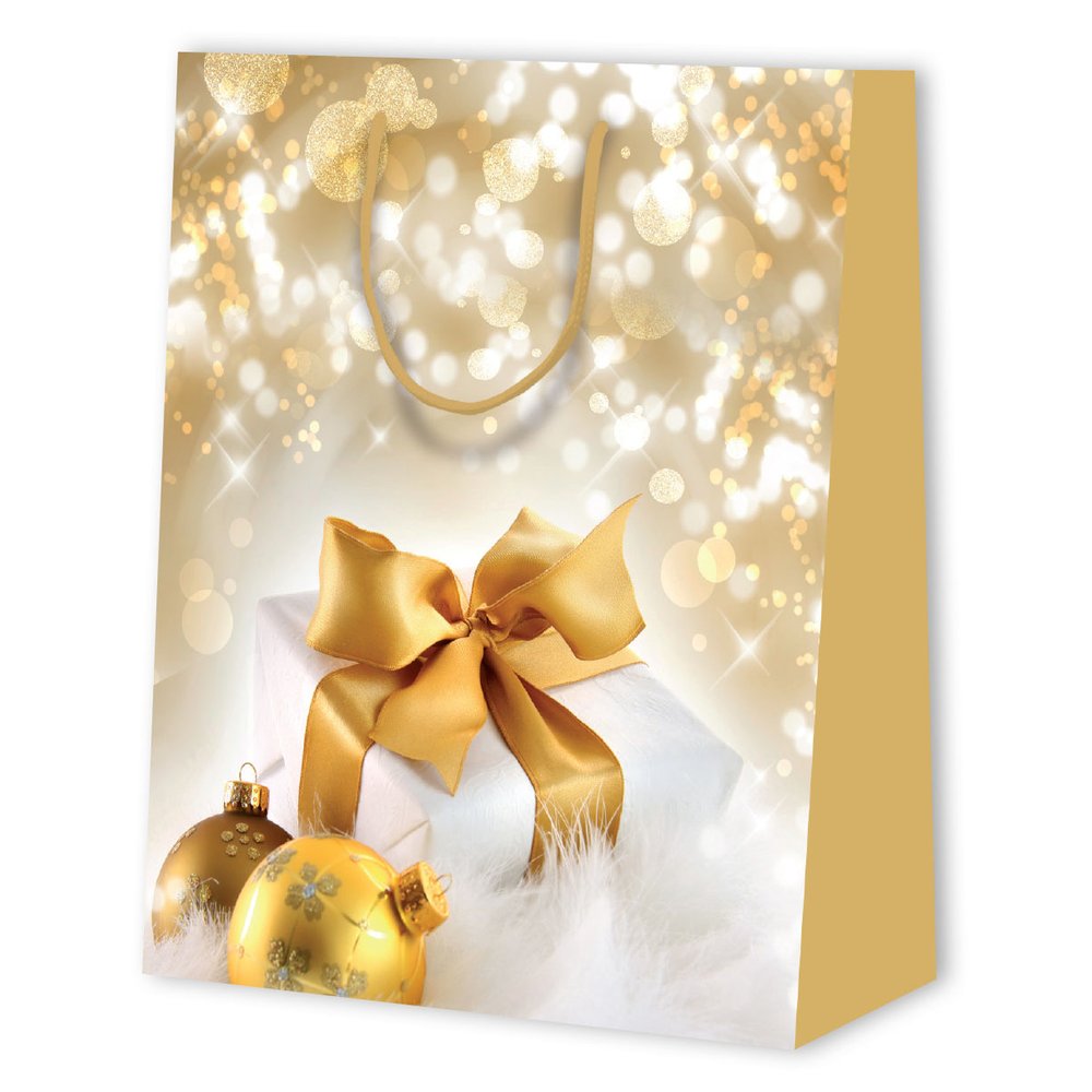 Geschenktasche Päckchen/Kugel weiß/gold, 17,8x9,8x22,9cm