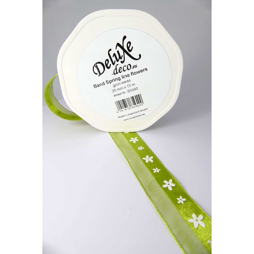 Band Spring Line Flowers grün-weiß mit Blütenmotiven, 25 mm x 15 m