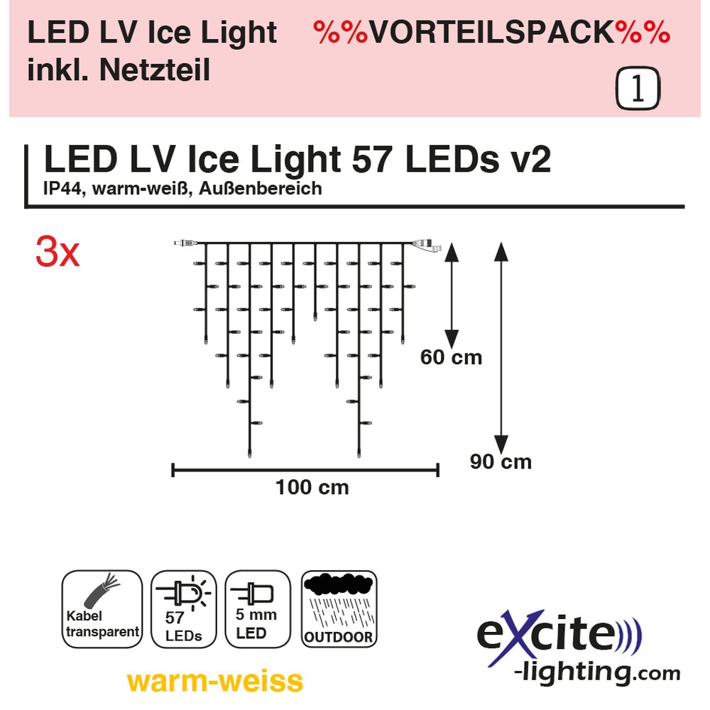 3x LV Ice Light inkl. Netzteil warm-weiß, transparent,B 300 c