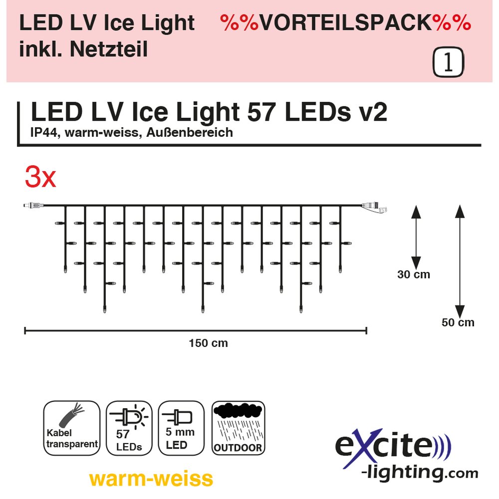 3x LV Ice Light inkl. Netzteil warm-weiß, transparent,B 450 c