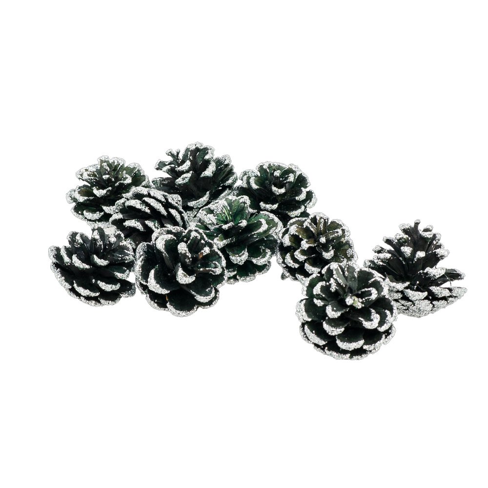 Tannenzapfen Glitter im Beutel, grün-silber, 10 Stück, 4-5 cm