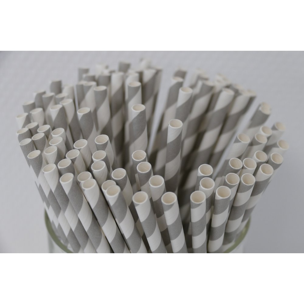 Papierstrohhalme Retro grau/weiß, 100 Stück, Ø 6 mm