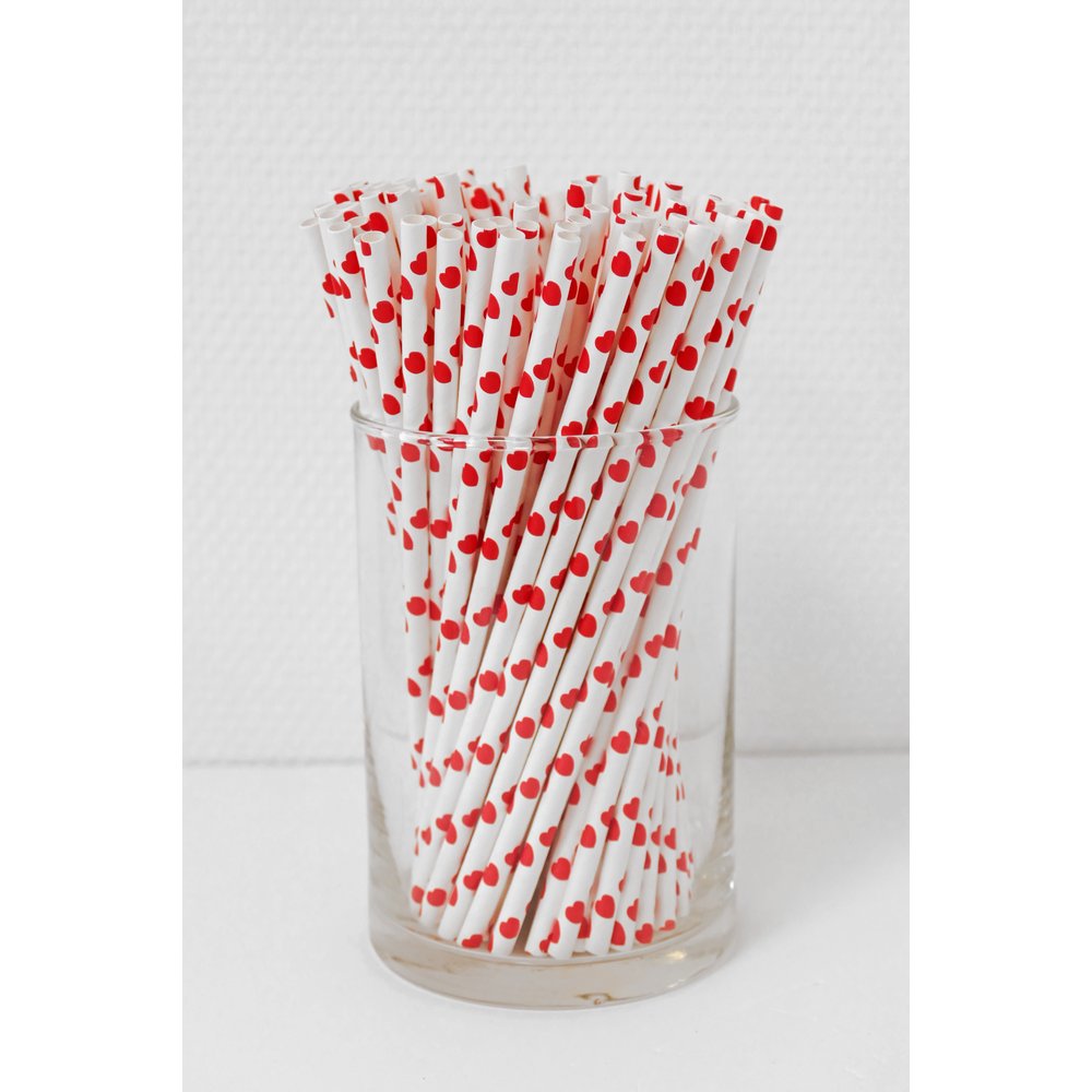 Papierstrohhalme Herzen weiß/rot, 100 Stück, Ø 6 mm