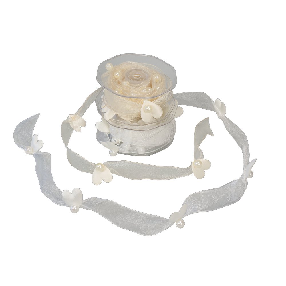 Band Organza mit Herzen und Perlen creme, 25 mm x 5 m