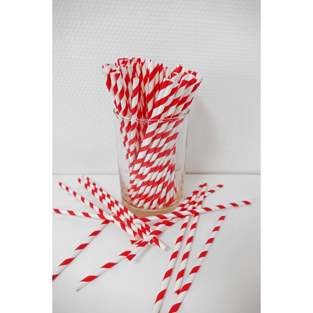 Papierstrohhalme Retro rot/weiß, 100 Stück, Ø 6 mm