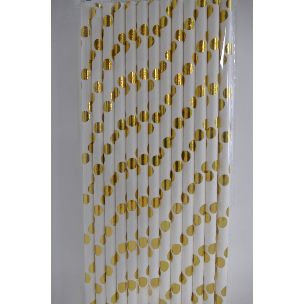 Papierstrohhalme Punkte weiß/gold, 100 Stück, Ø 6 mm