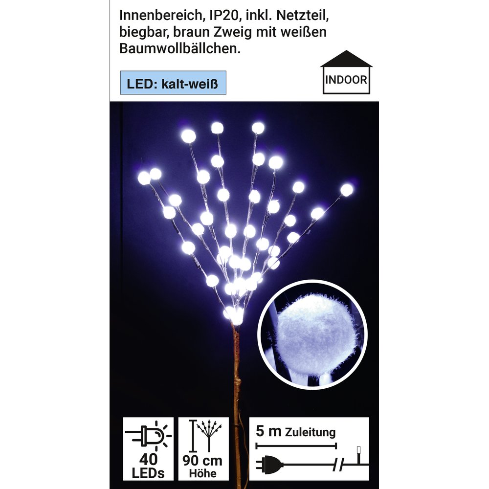 Lichtzweig Baumwolle kalt-weiß 40 LEDs