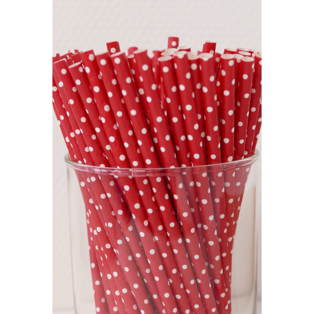 Papierstrohhalme Punkte rot/weiß, 100 Stück, Ø 6 mm