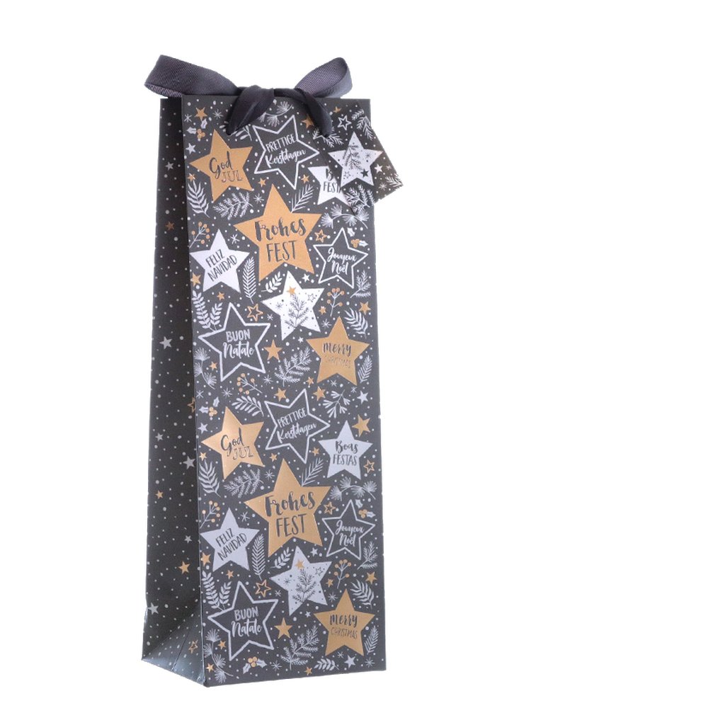 Flaschentasche Sterne mit Text grau/gold/weiß, 12x10xH35 cm