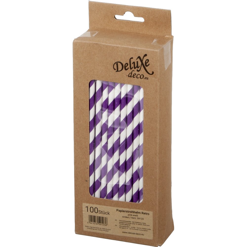 Papierstrohhalme Retro pink/weiß, 100 Stück, Ø 6 mm