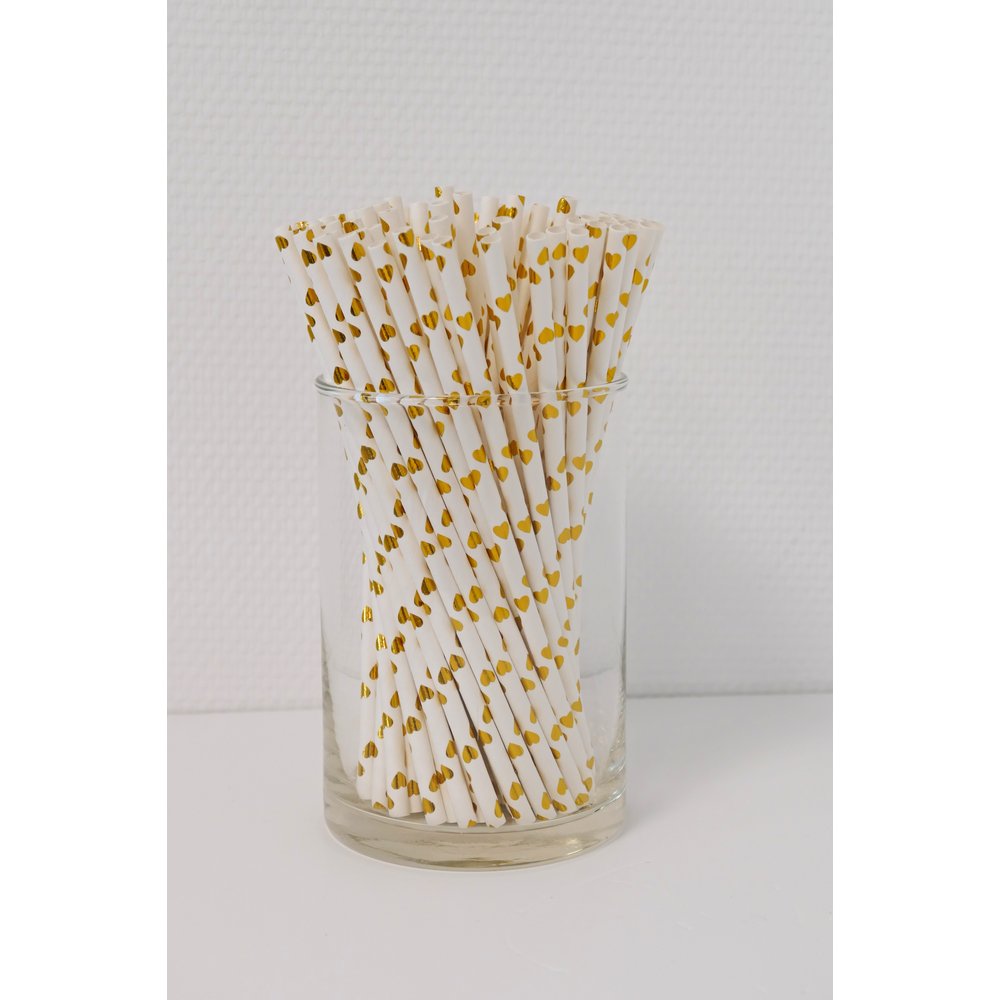 Papierstrohhalme Herzen weiß/gold, 100 Stück, Ø 6 mm