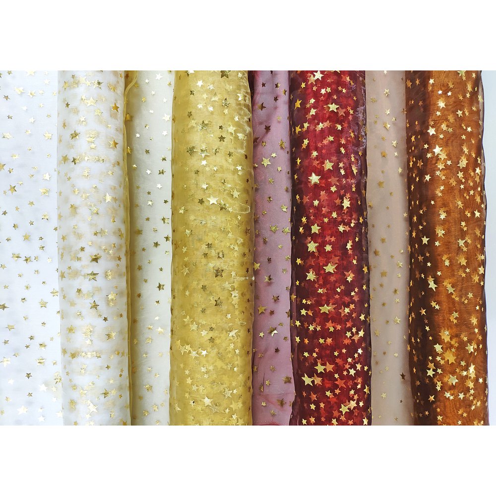 Stoff Organza Sterne weiß-gold, 145 cm breit