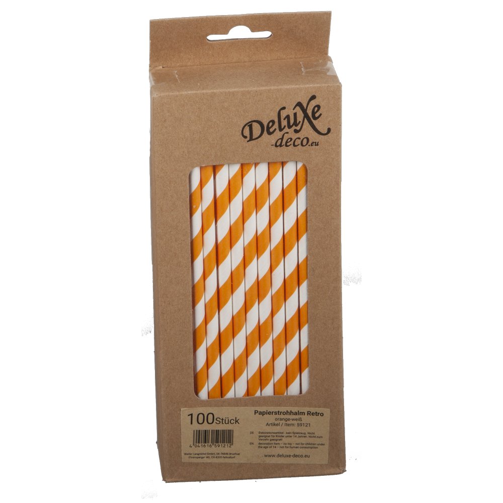 Papierstrohhalme Retro orange/weiß, 100 Stück, Ø 6 mm