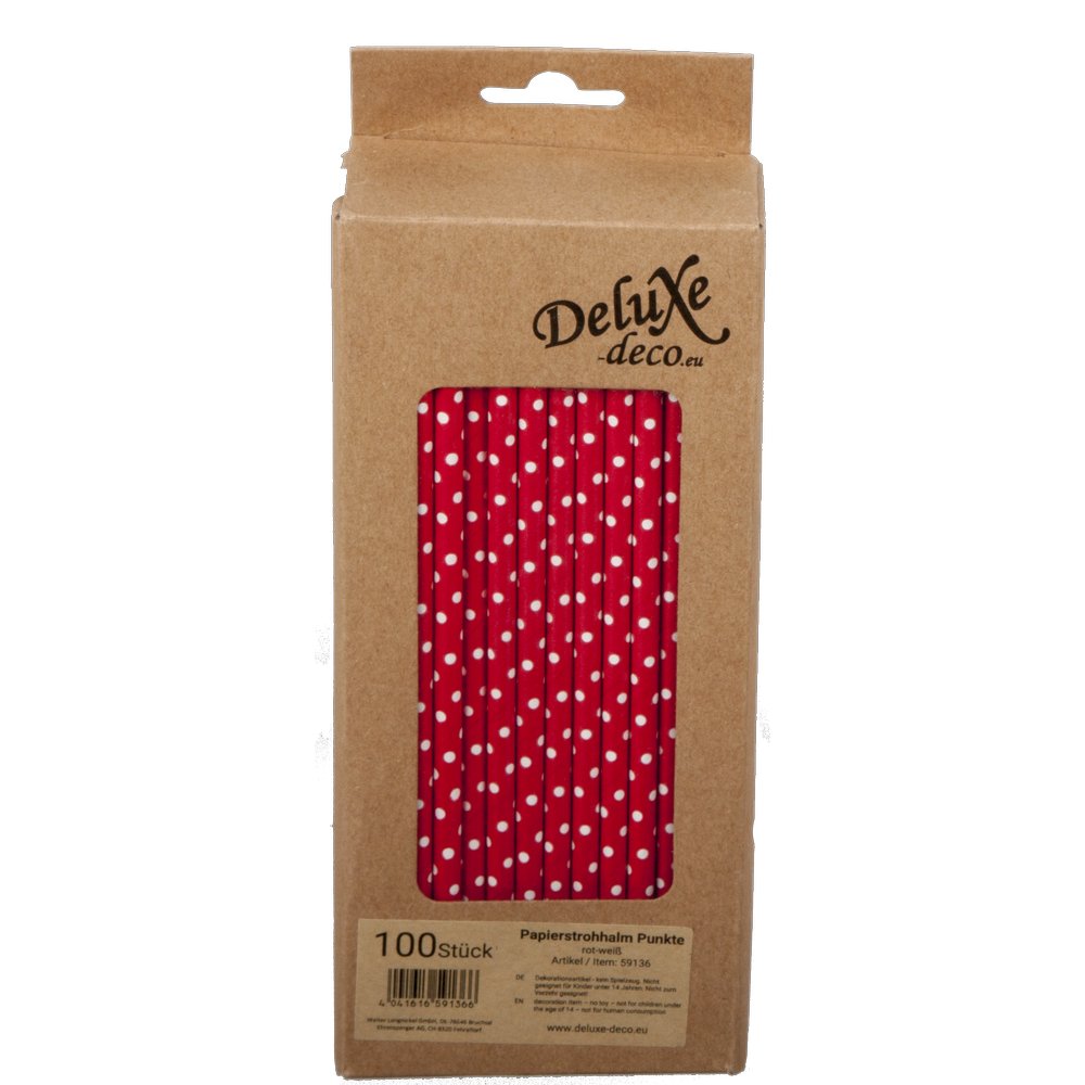 Papierstrohhalme Punkte rot/weiß, 100 Stück, Ø 6 mm
