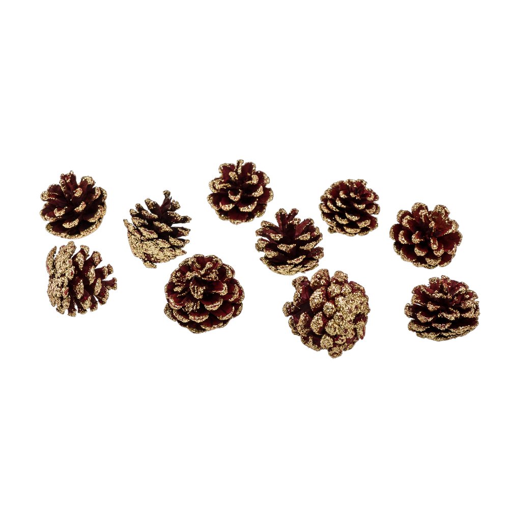Tannenzapfen Glitter im Beutel, rot-gold, 10 Stück, 4-5 cm