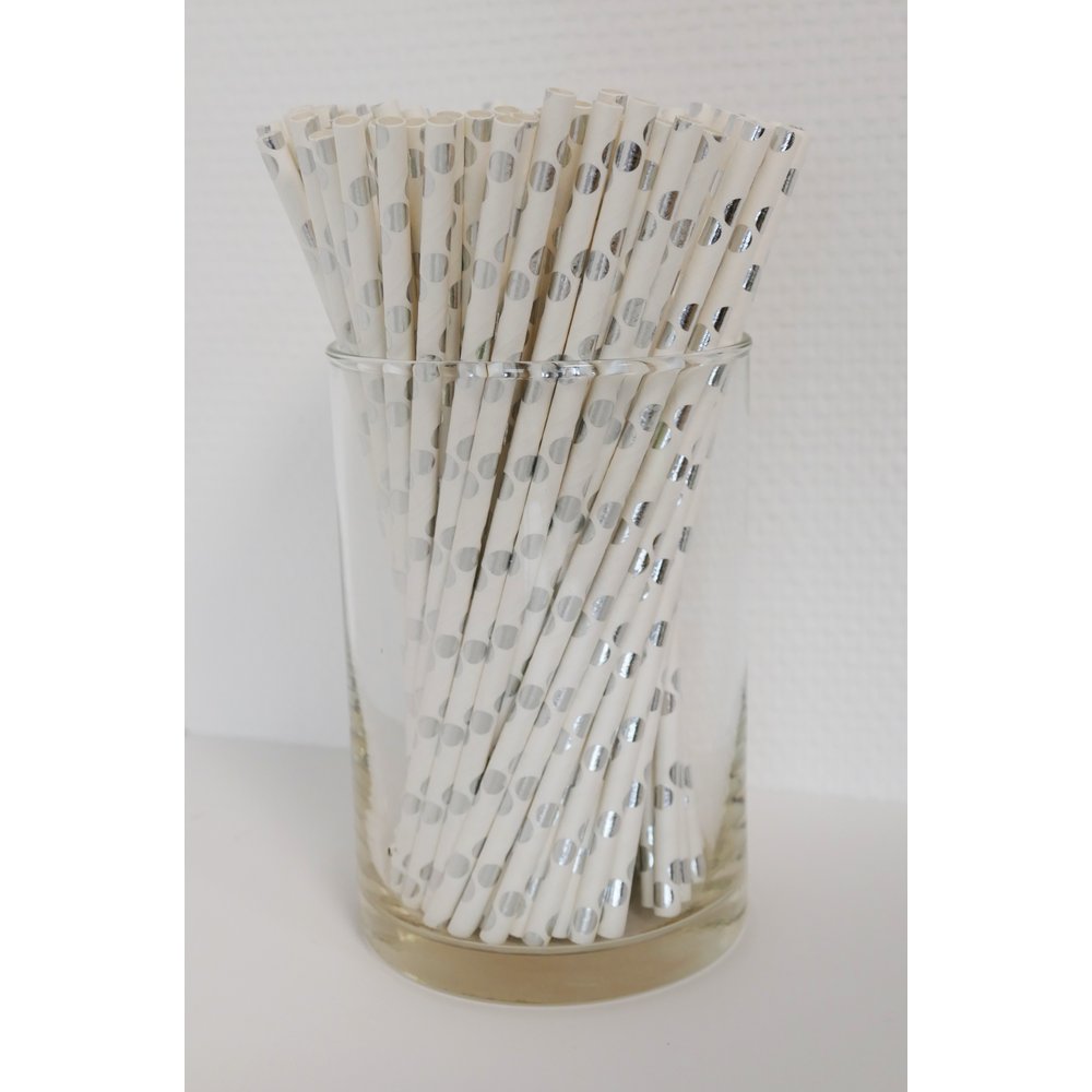 Papierstrohhalme Punkte weiß/silber, 100 Stück, Ø 6 mm