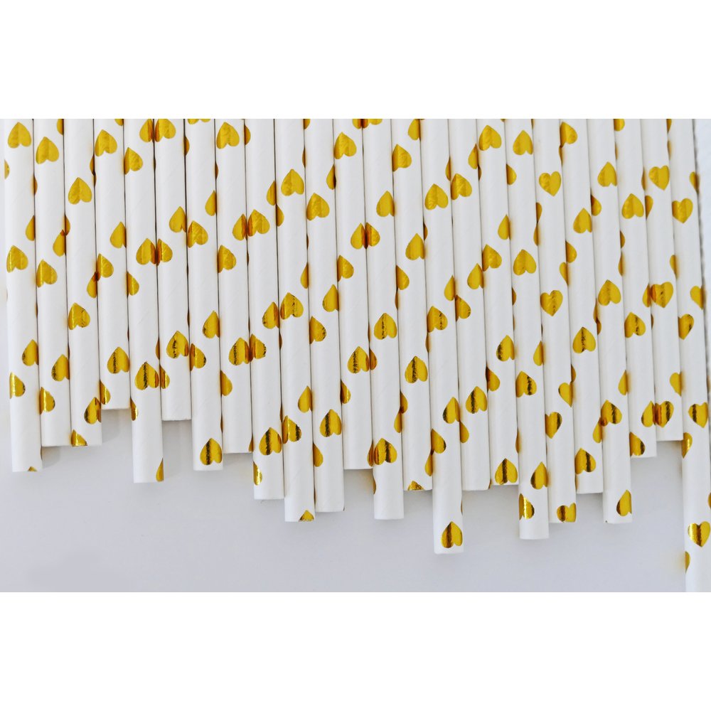 Papierstrohhalme Herzen weiß/gold, 100 Stück, Ø 6 mm