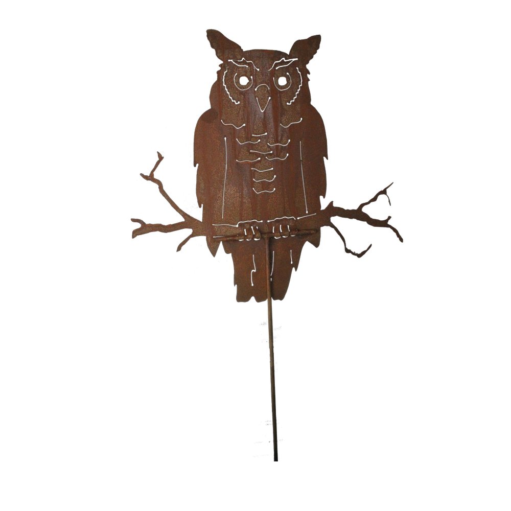 Eule sitzend auf Stab Metall rosteffekt,52 x H50 cm, Stab 1