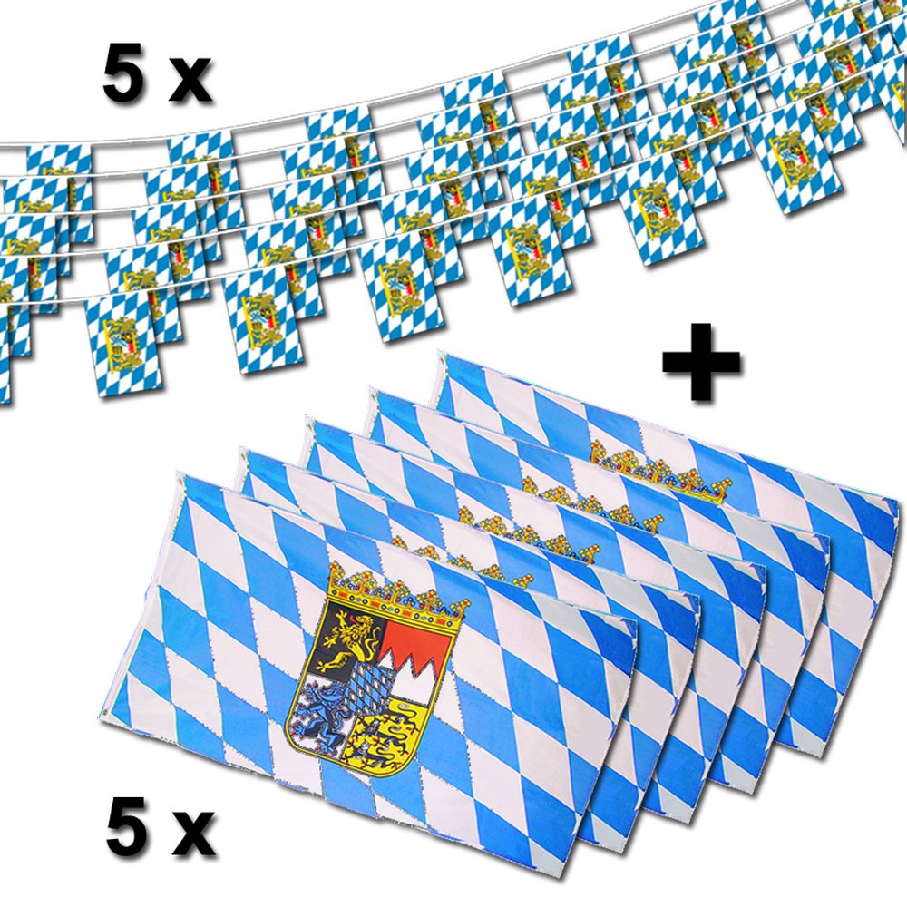 Bayern+Wappen Flaggenset 10-teilig, 5 x Flagge, 5 x Fahnenkette