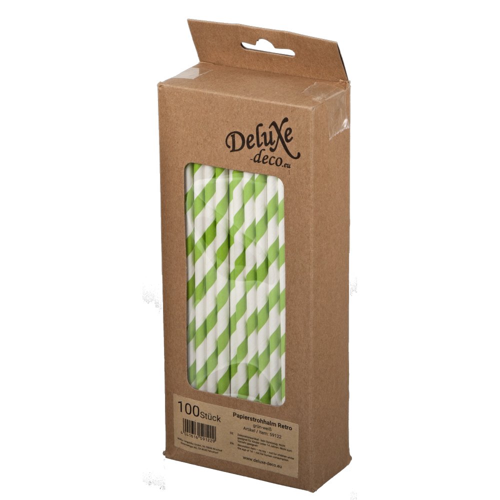 Papierstrohhalme Retro grün/weiß, 100 Stück, Ø 6 mm
