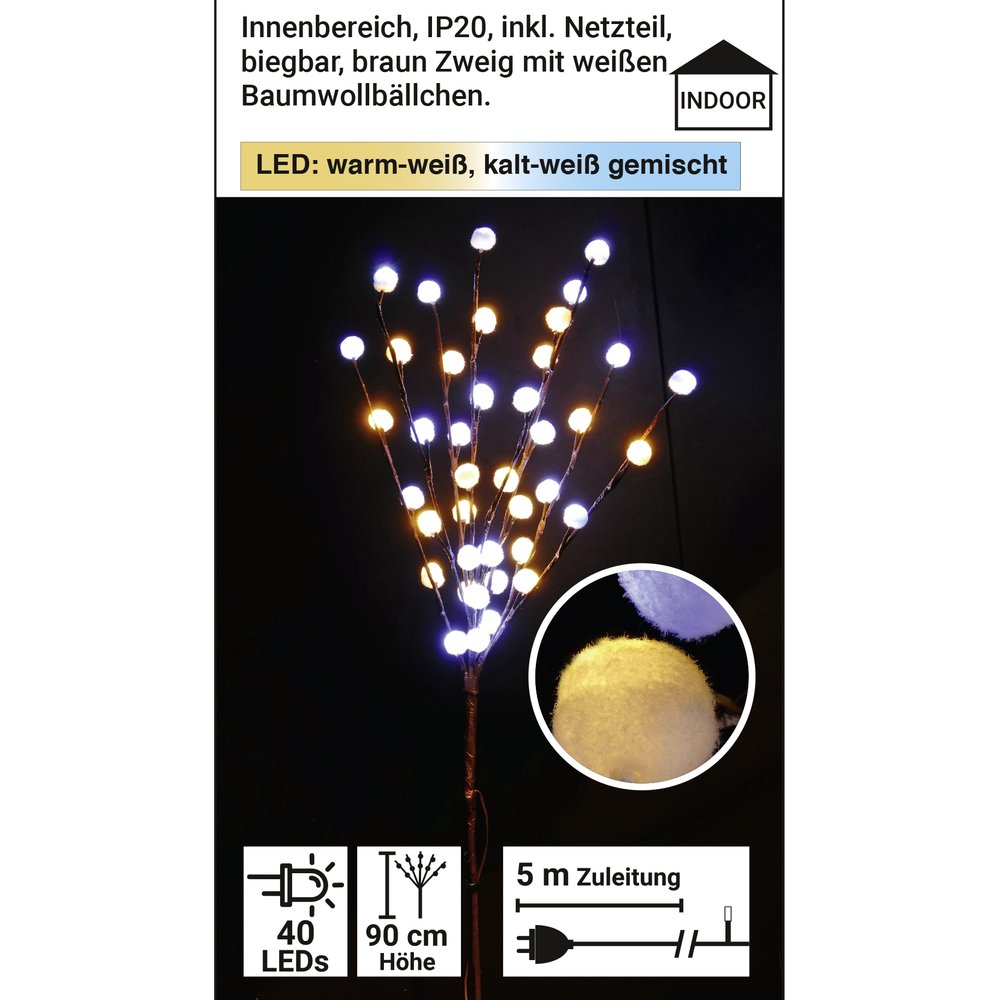 Lichtzweig Baumwolle warm-weiß + kalt-weiß 40 LEDs