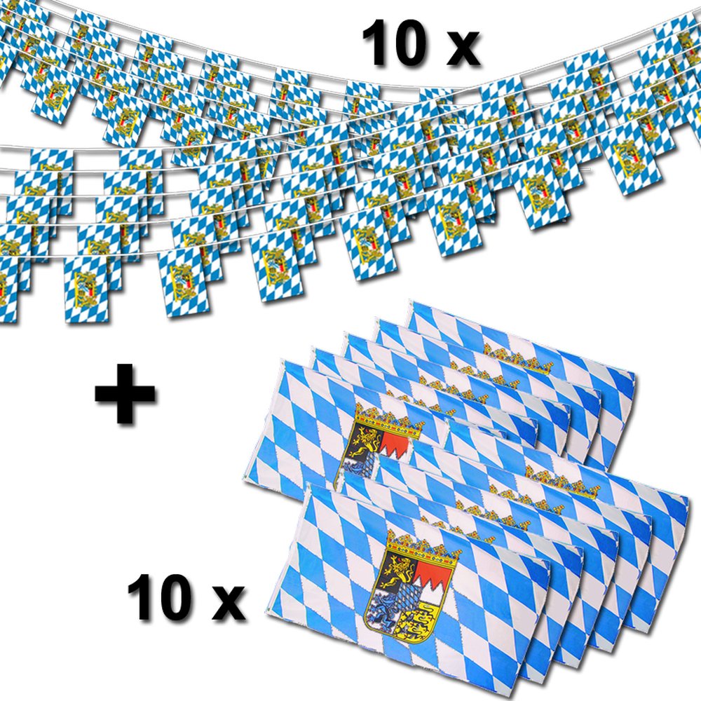 Bayern+Wappen Flaggenset 20-teilig, 10 x Flagge, 10 x Fahnenkette
