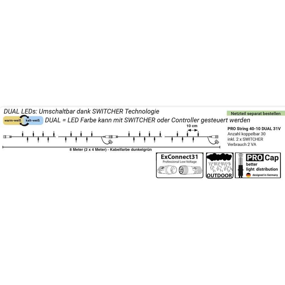 PRO String DUAL warm-weiß + kalt-weiß 31V (2 x 4 Meter)