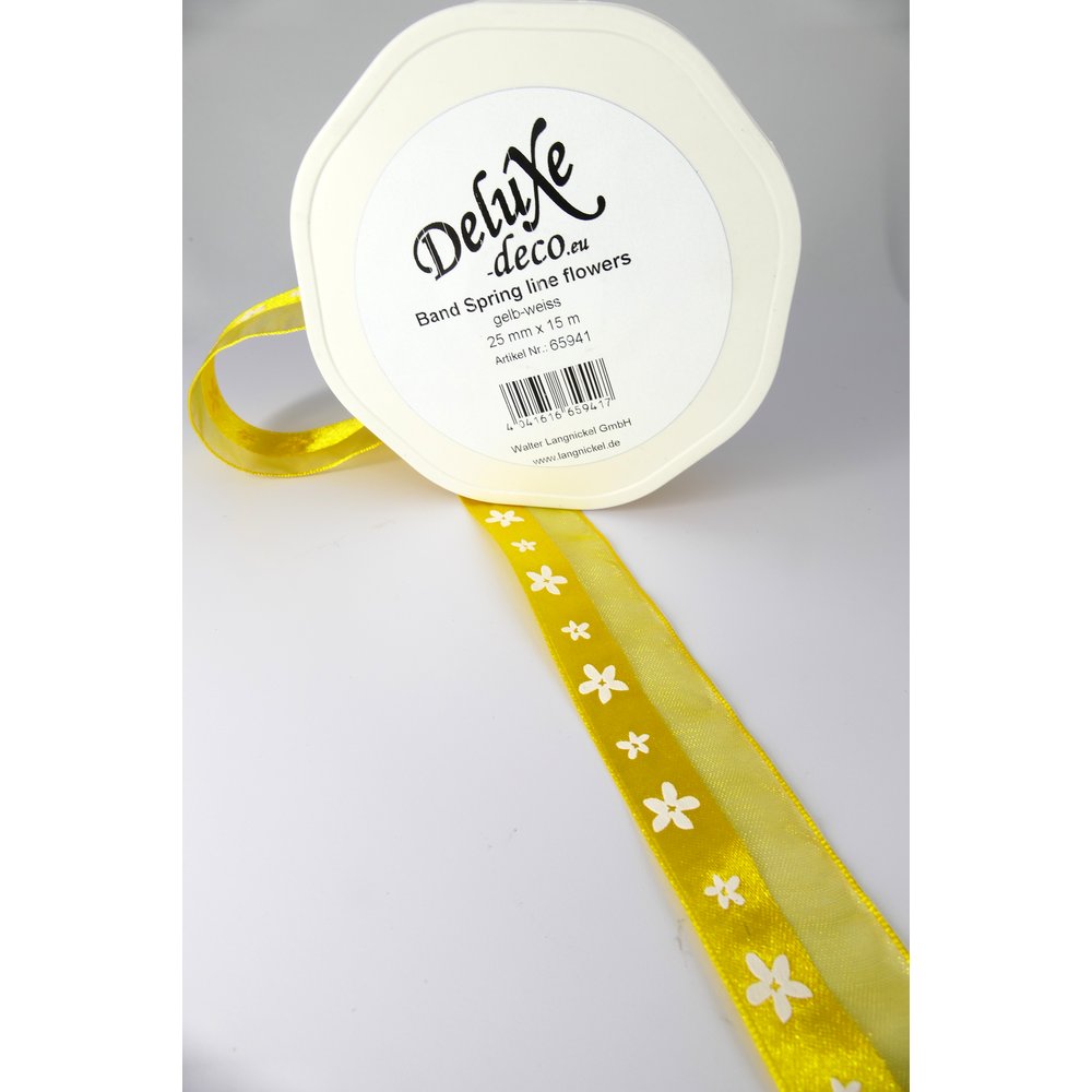 Band Spring Line Flowers gelb-weiß mit Blütenmotiven, 25 mm x 15 m