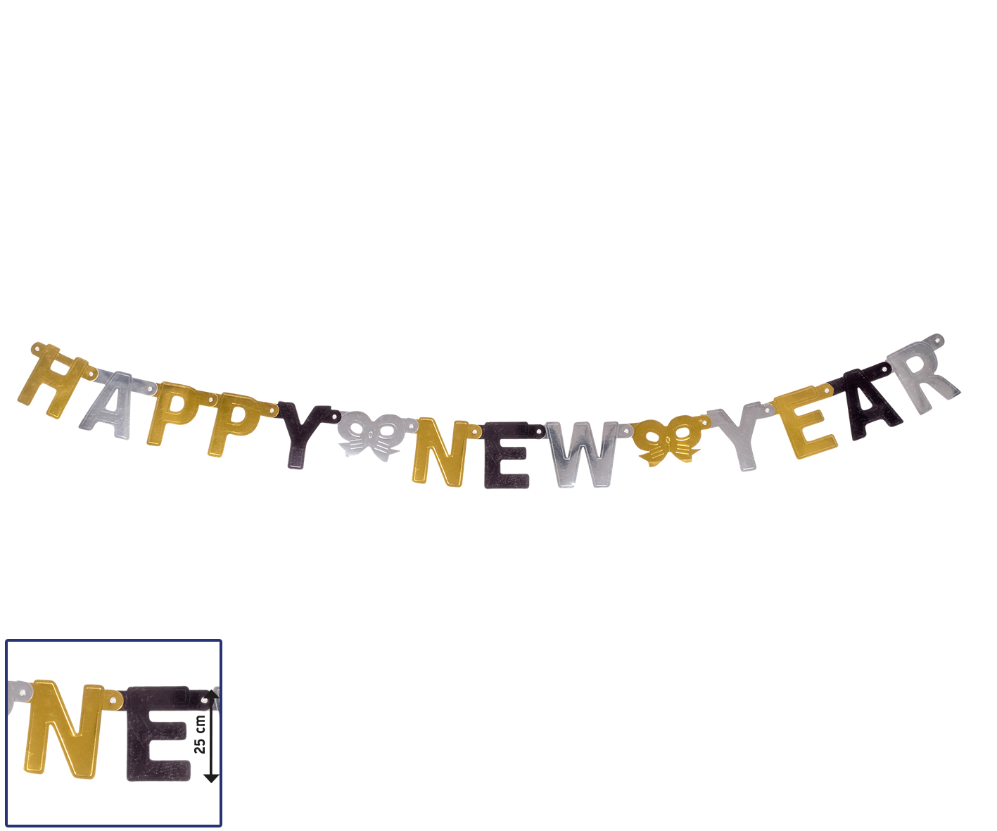 Happy-New-Year Kette gold/silber/schwarz,15,5x220cm