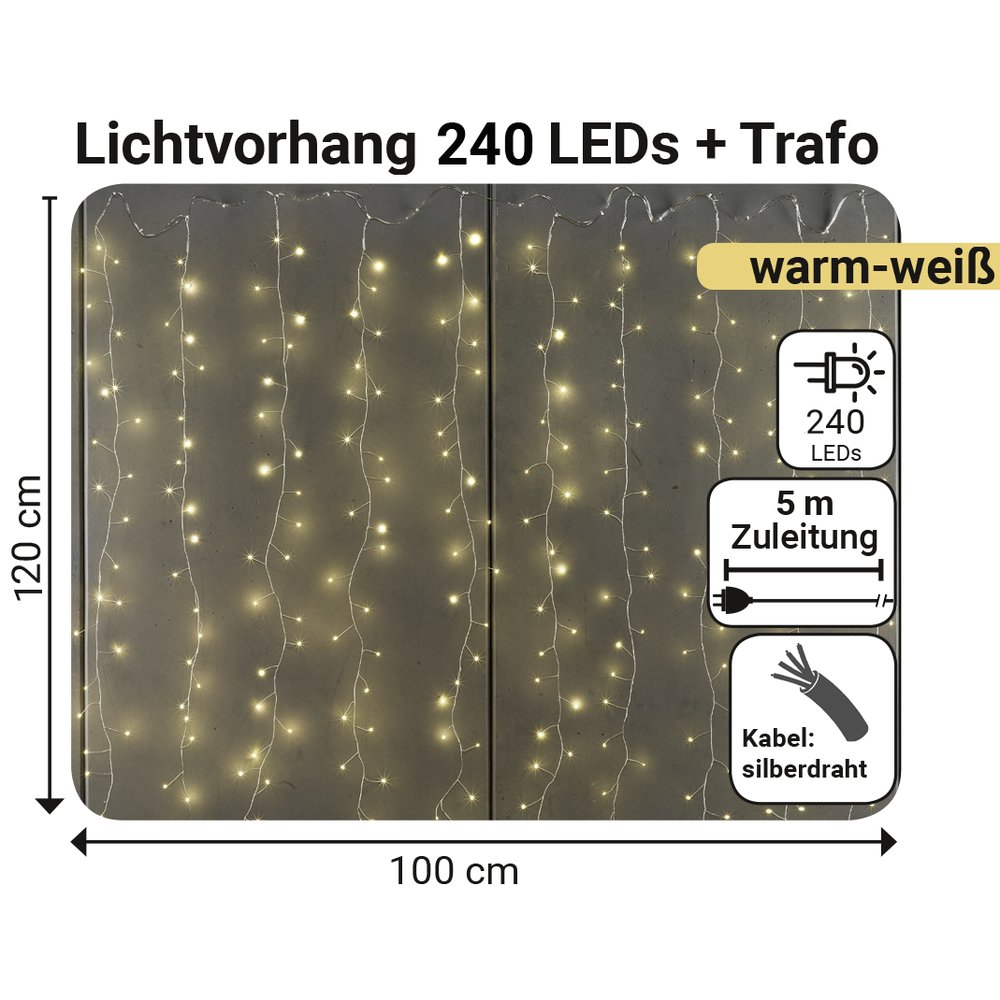 Lichtvorhang filigran 240 LEDs warm-weiß, silber,B 100 cm x H